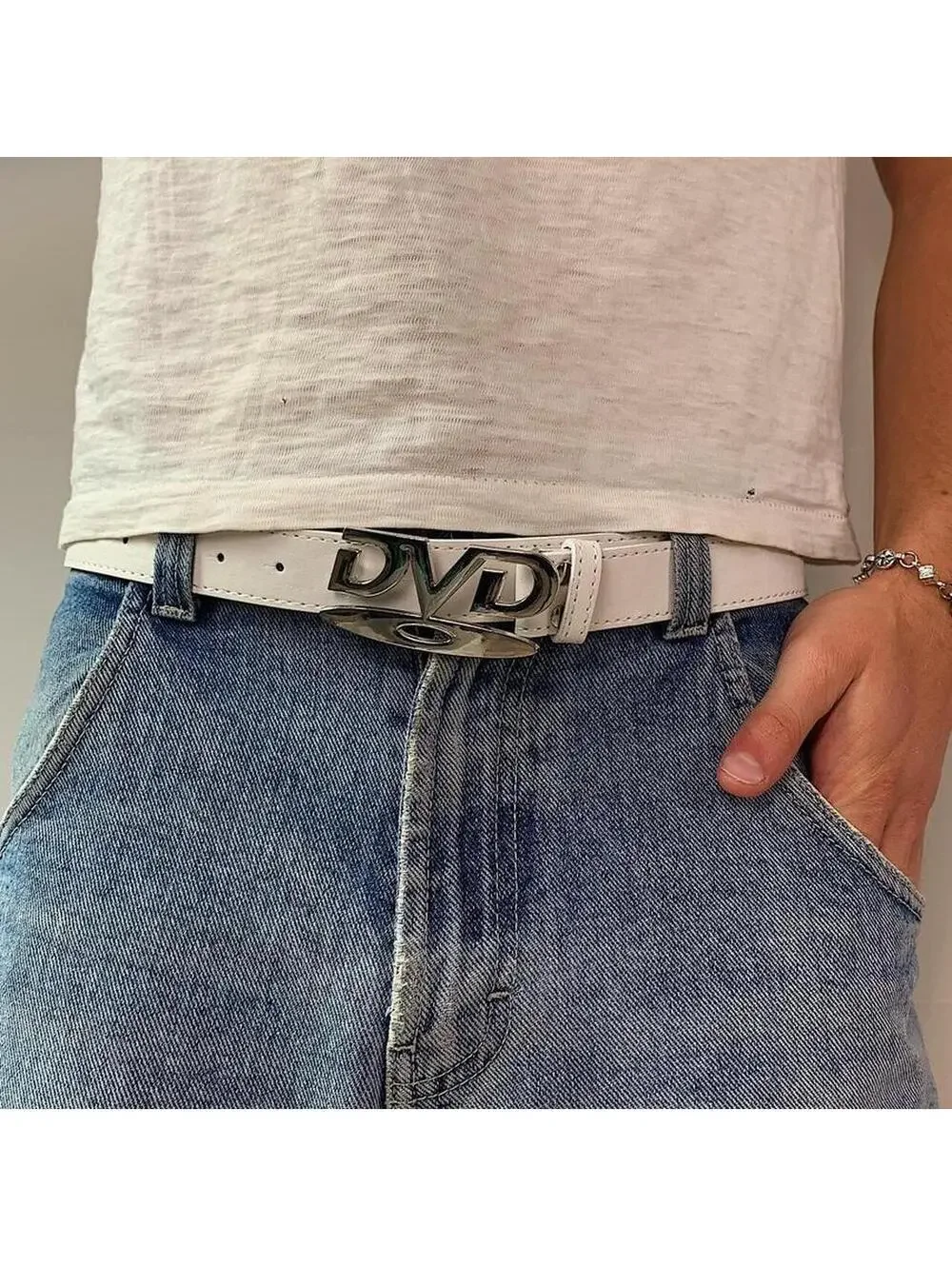Y2K DVD Buckle White Leather Belt 39 Inch Unisex